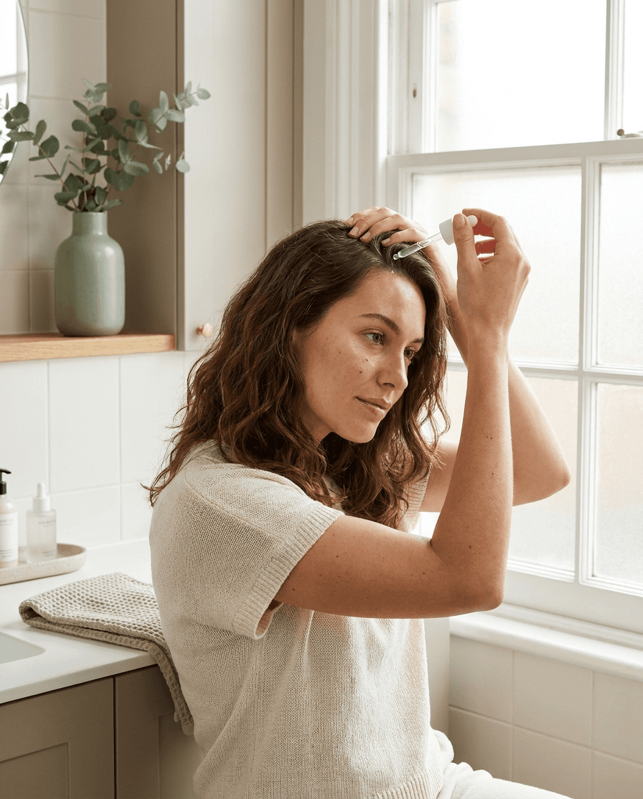 Applying PLUMEROOT serum to the scalp
