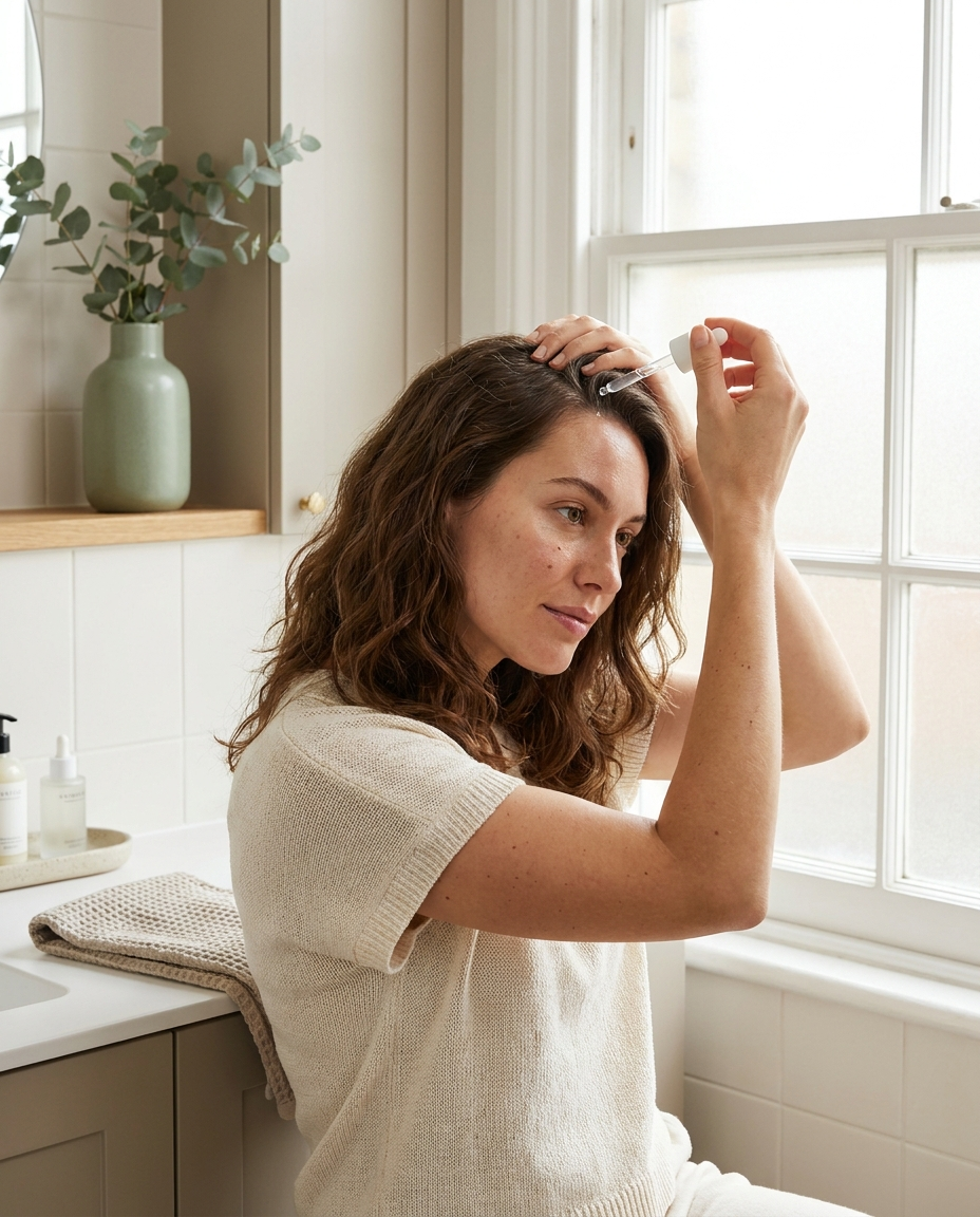 Applying PLUMEROOT serum to the scalp along the part line